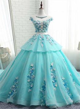 Picture of Lovey Blue Layers Ball Gown Tulle with Flowers Sweet 16 Gown, Blue Formal Dress